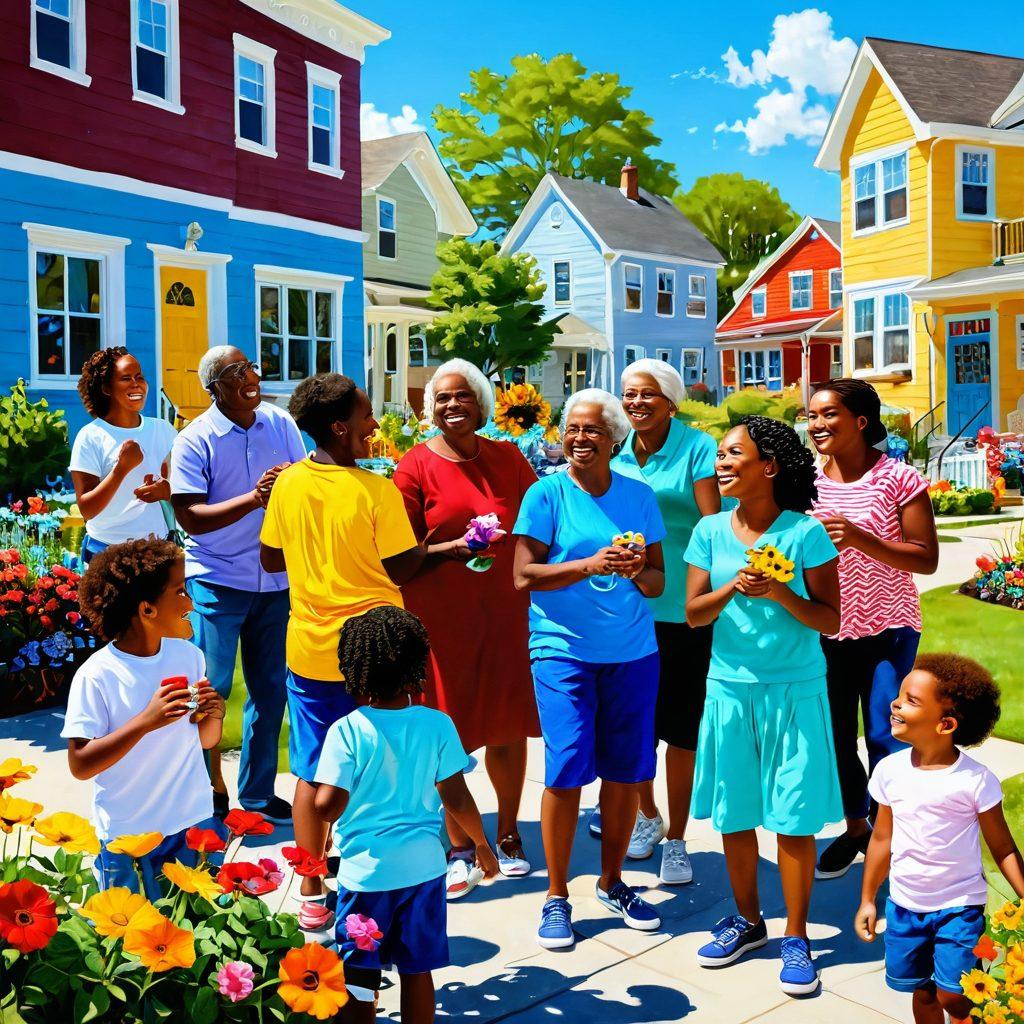 A vibrant community scene depicting diverse neighbors engaging in joyful exchanges, exchanging smiles, hugs, and laughter under a sunny blue sky. Include colorful flowers, children playing, and people of different backgrounds sharing friendly conversations. Emphasize warmth and connection through bright colors and expressive faces. super-realistic. vibrant colors. sunny day.