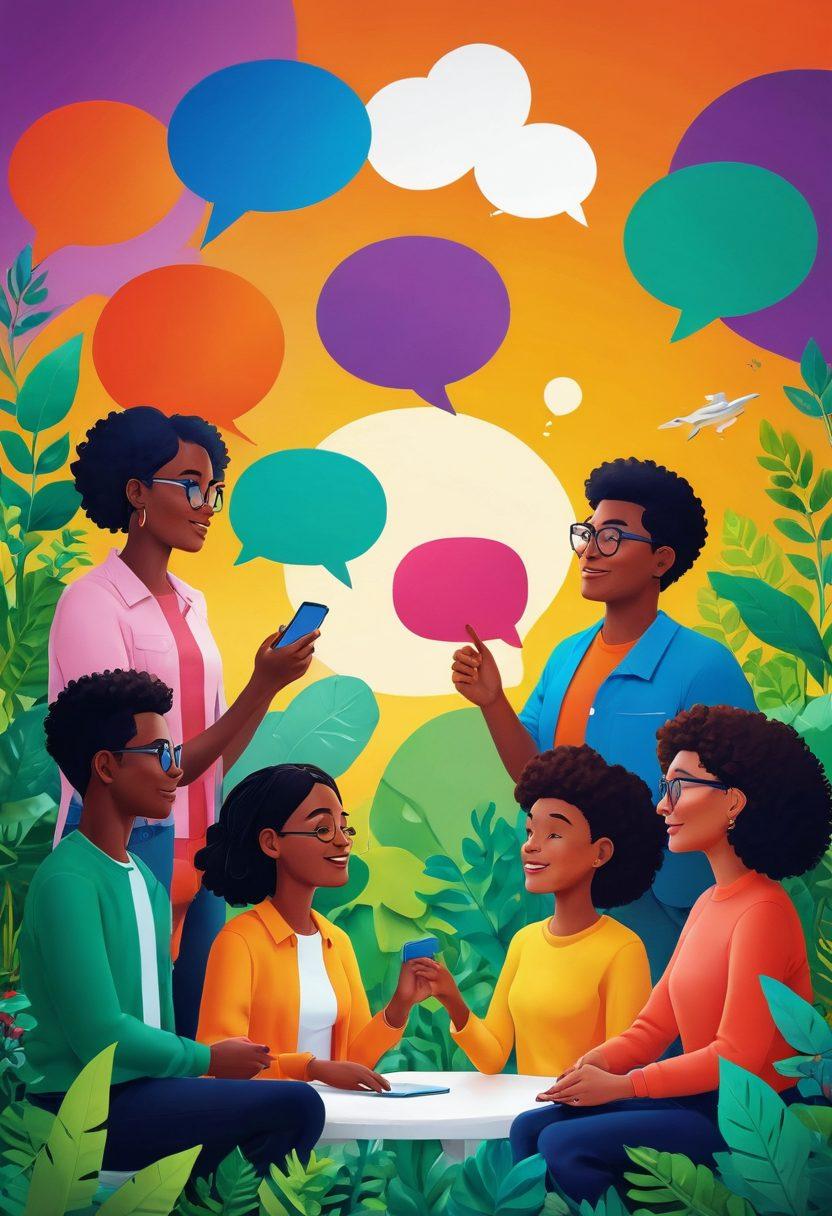 A vibrant illustration showcasing a diverse group of individuals sharing ideas and experiences in a collaborative setting, surrounded by colorful symbols of communication and connection, such as speech bubbles and interlinked hands. The background features a blend of nature and technology to emphasize harmony in collaboration. Bright, engaging colors to evoke positivity and unity. super-realistic. vibrant colors. 3D.