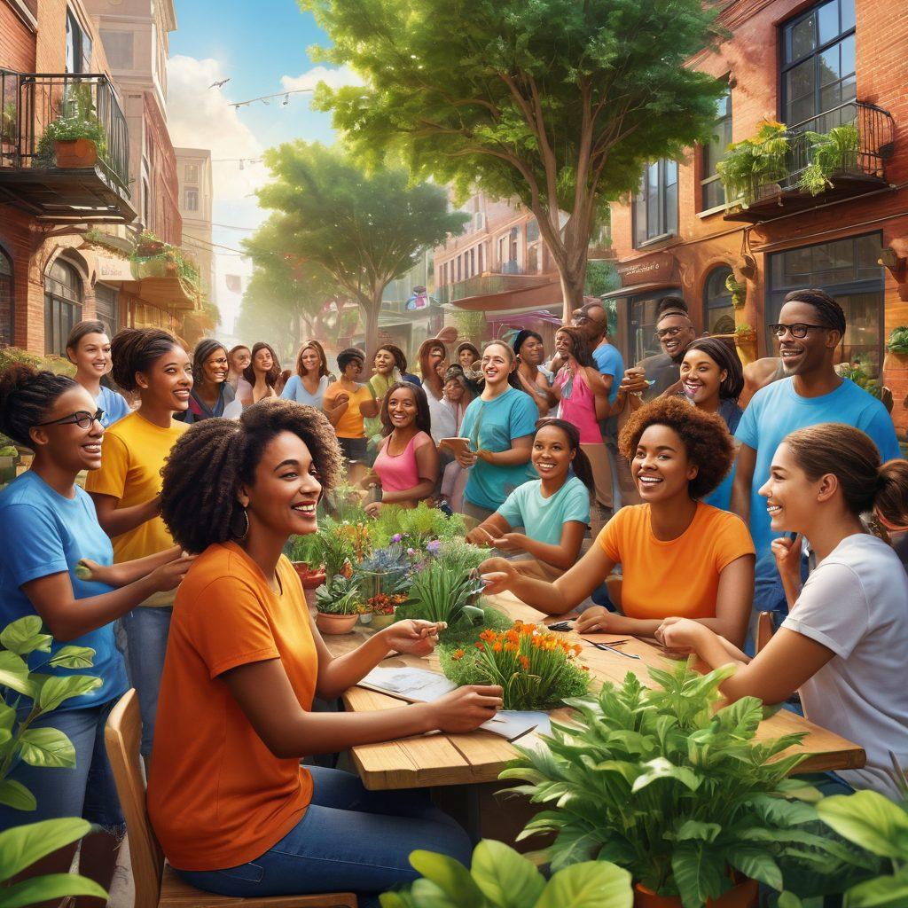A colorful community scene depicting diverse groups of people engaging in collaborative activities, sharing ideas and resources, with smiles and excitement. Include elements of art, gardening, and technology, showcasing the joy of connections and teamwork. The background should feature vibrant greenery and modern urban elements blending together. friendly atmosphere. super-realistic. vibrant colors.